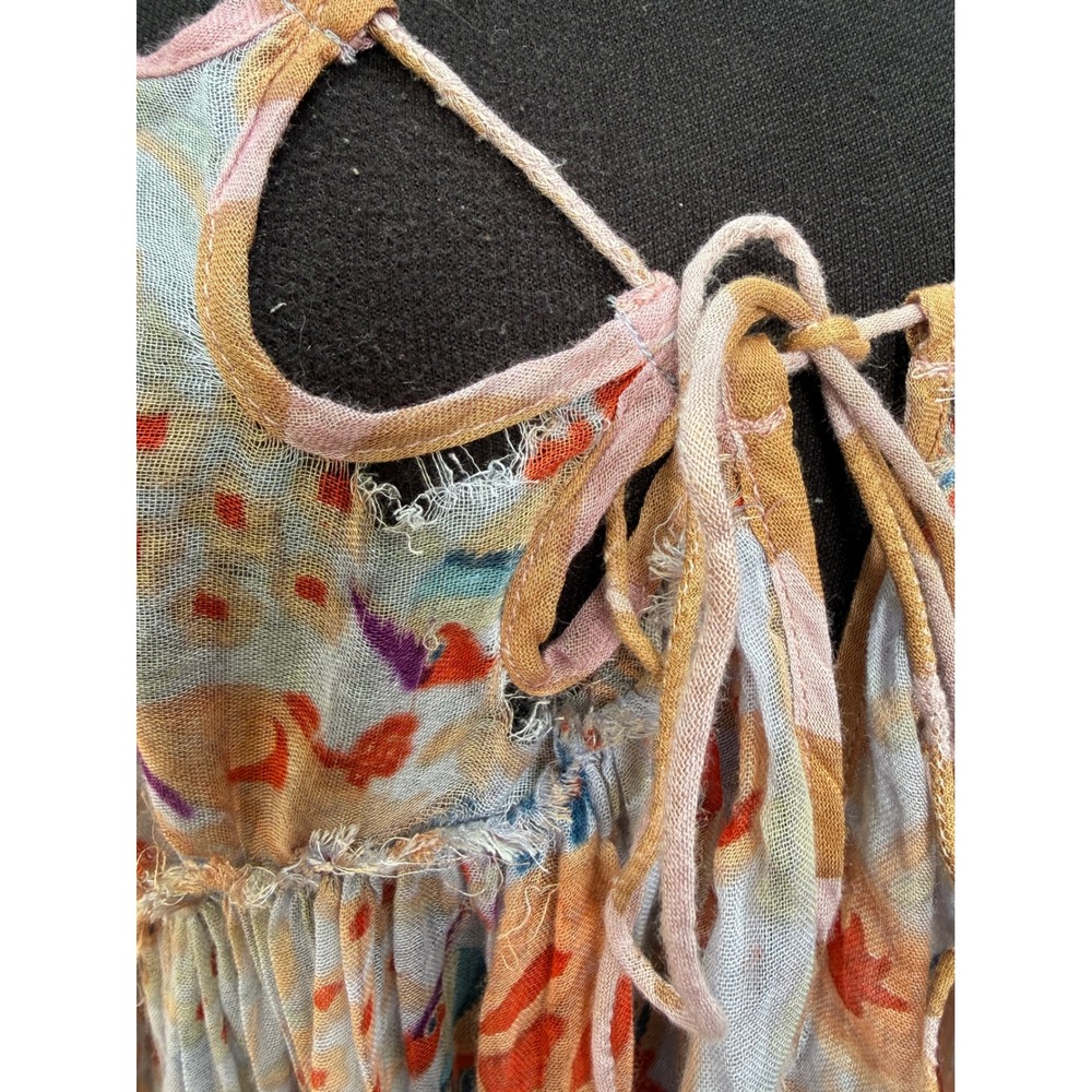 Free People FP One Floral Bird Print Gauze Blouse XS Orange Blue Cold Shoulder - Picture 3 of 7